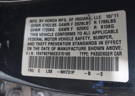 2012 Honda Civic Ex-L from USA, damaged, VIN 19XFB2F95CE315166